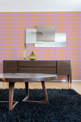contemporary living room dark wood furniture pink and orange harlequin peel and stick wallpaper