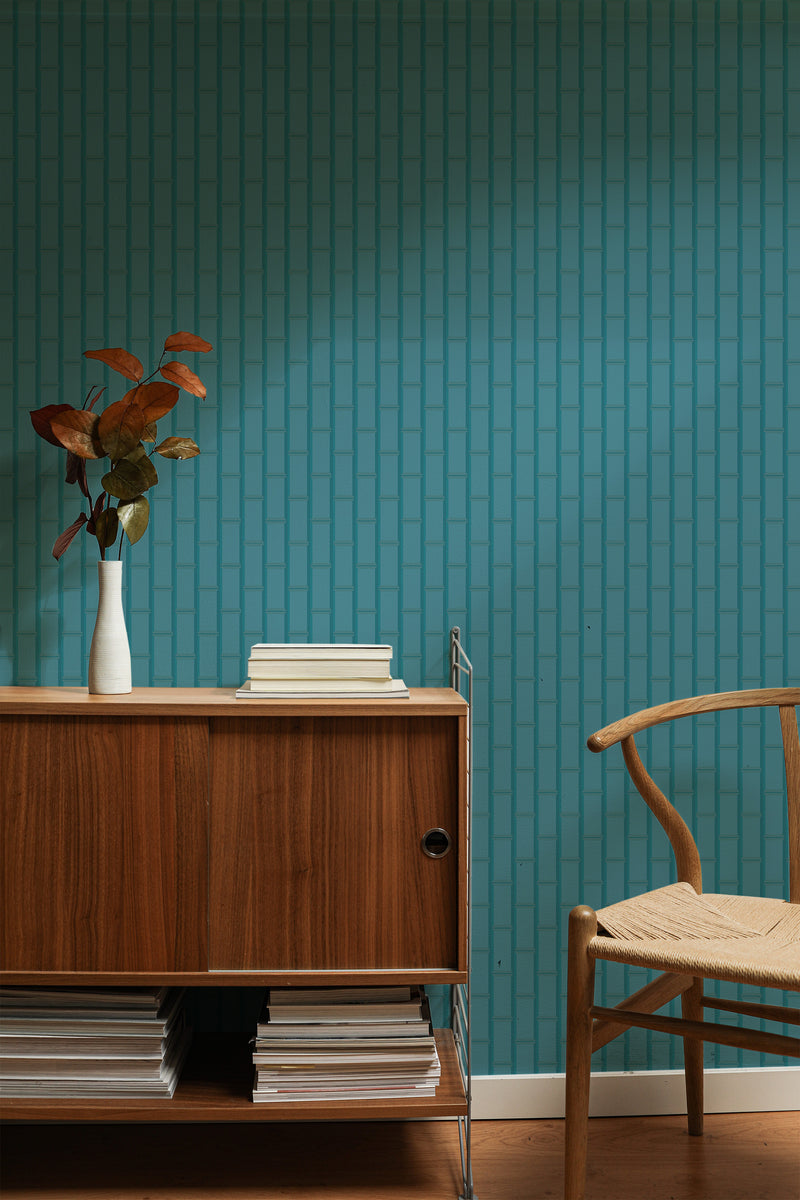 traditional wallpaper blue subway tiles pattern accent wall sophisticated living room interior  