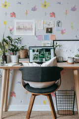 modern home office desk plants posters computer colorful watercolor flowers stick on wallpaper
