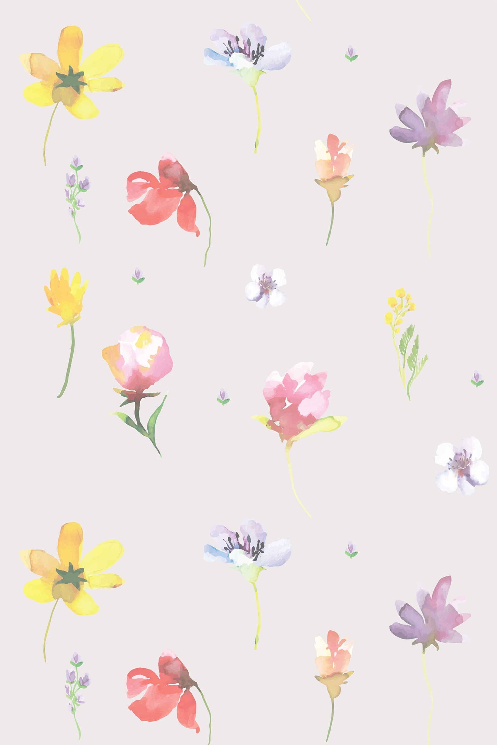 A repeating pattern of colorful watercolor flowers on a light background, showcasing a variety of delicate blossoms in shades of yellow, pink, purple, and red. Peel and stick removable wallpaper.