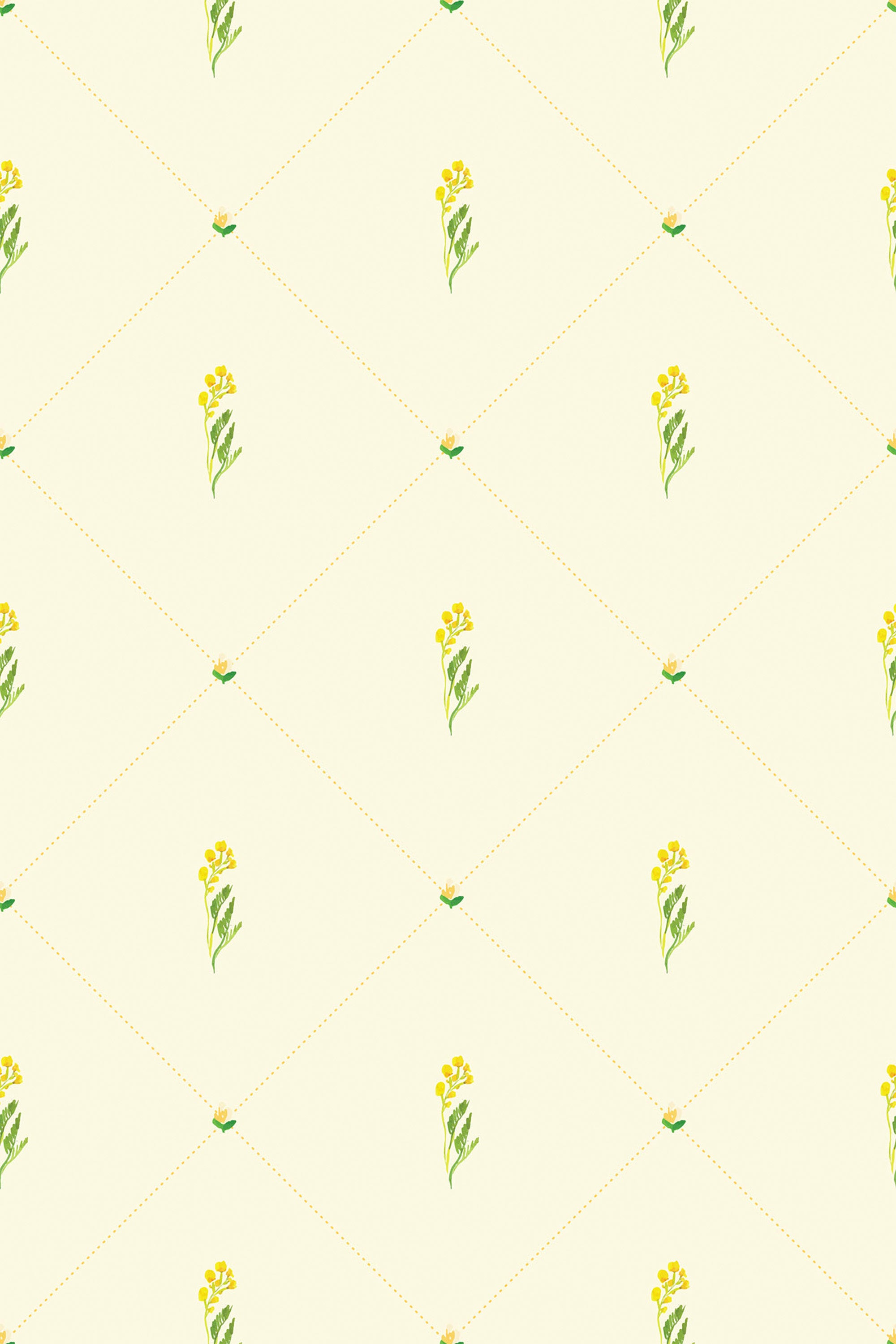 Vintage scandi flowers print with delicate yellow flowers and green leaves spaced uniformly on a soft pastel background with a subtle diamond grid pattern, peel and stick removable wallpaper.