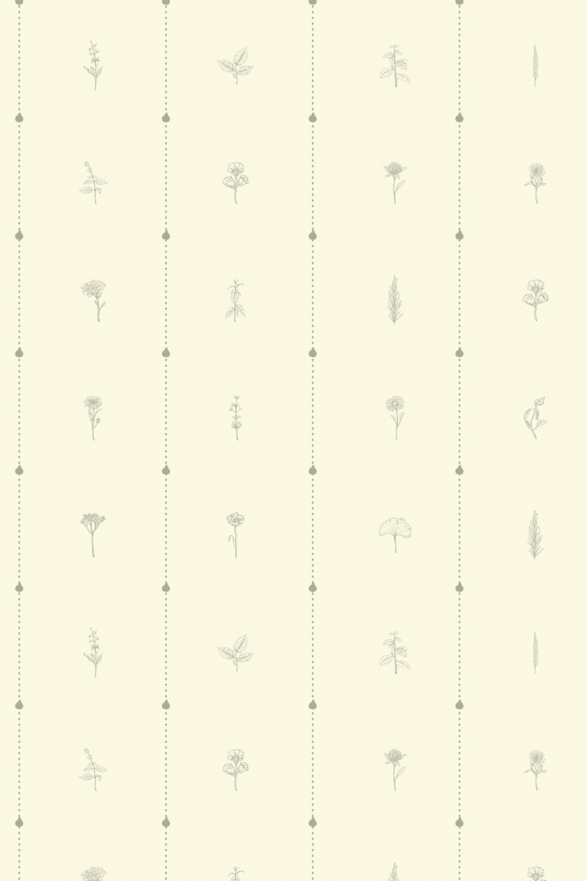 Beige Scandinavian leaf stripes pattern with various botanical illustrations in vertical lines on a pale green background, peel and stick removable wallpaper.