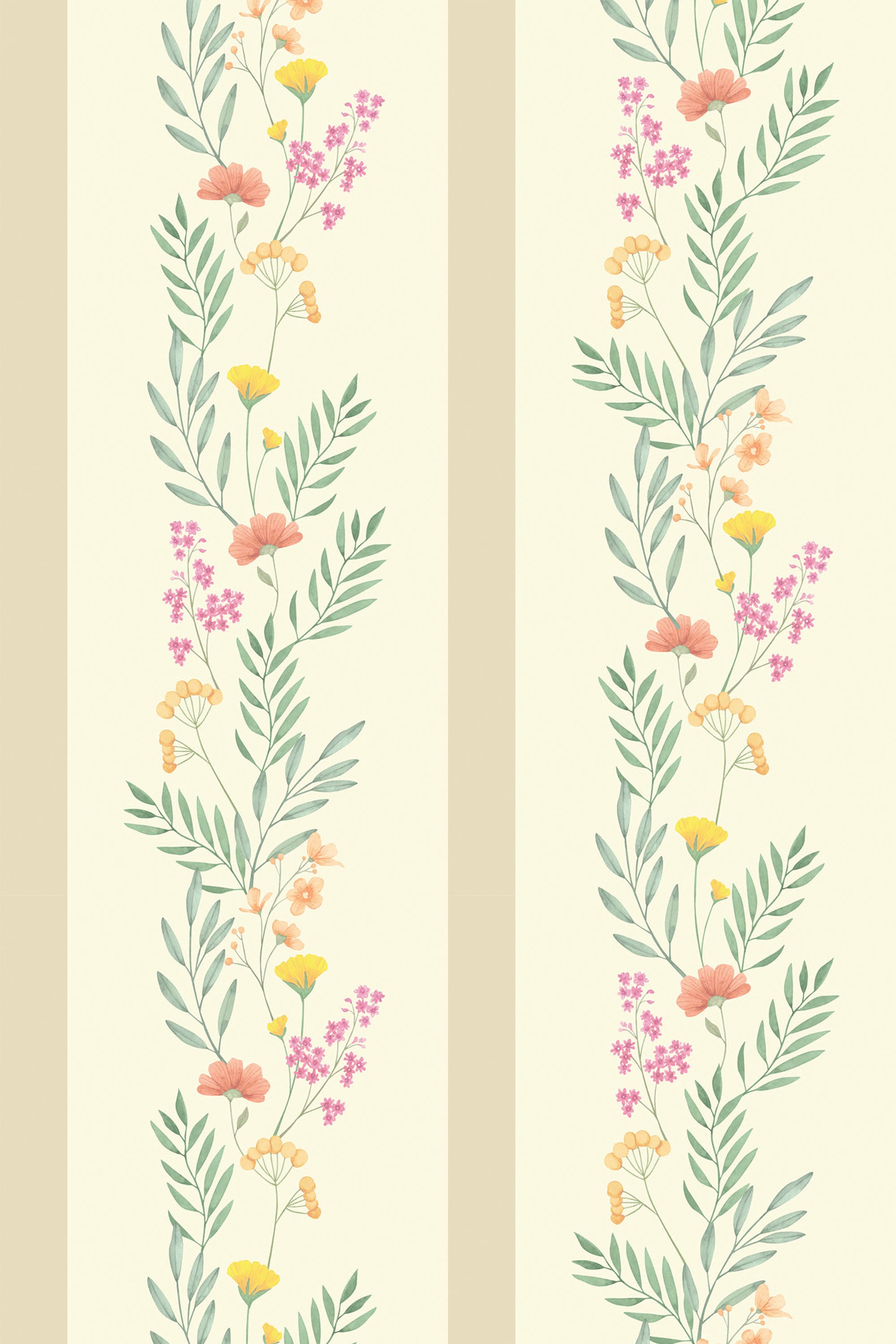 Delicate floral pattern with wildflowers in soft shades of yellow, pink, and orange, intertwined with green leaves, arranged in vertical bands against a light background. Peel and stick removable wallpaper.