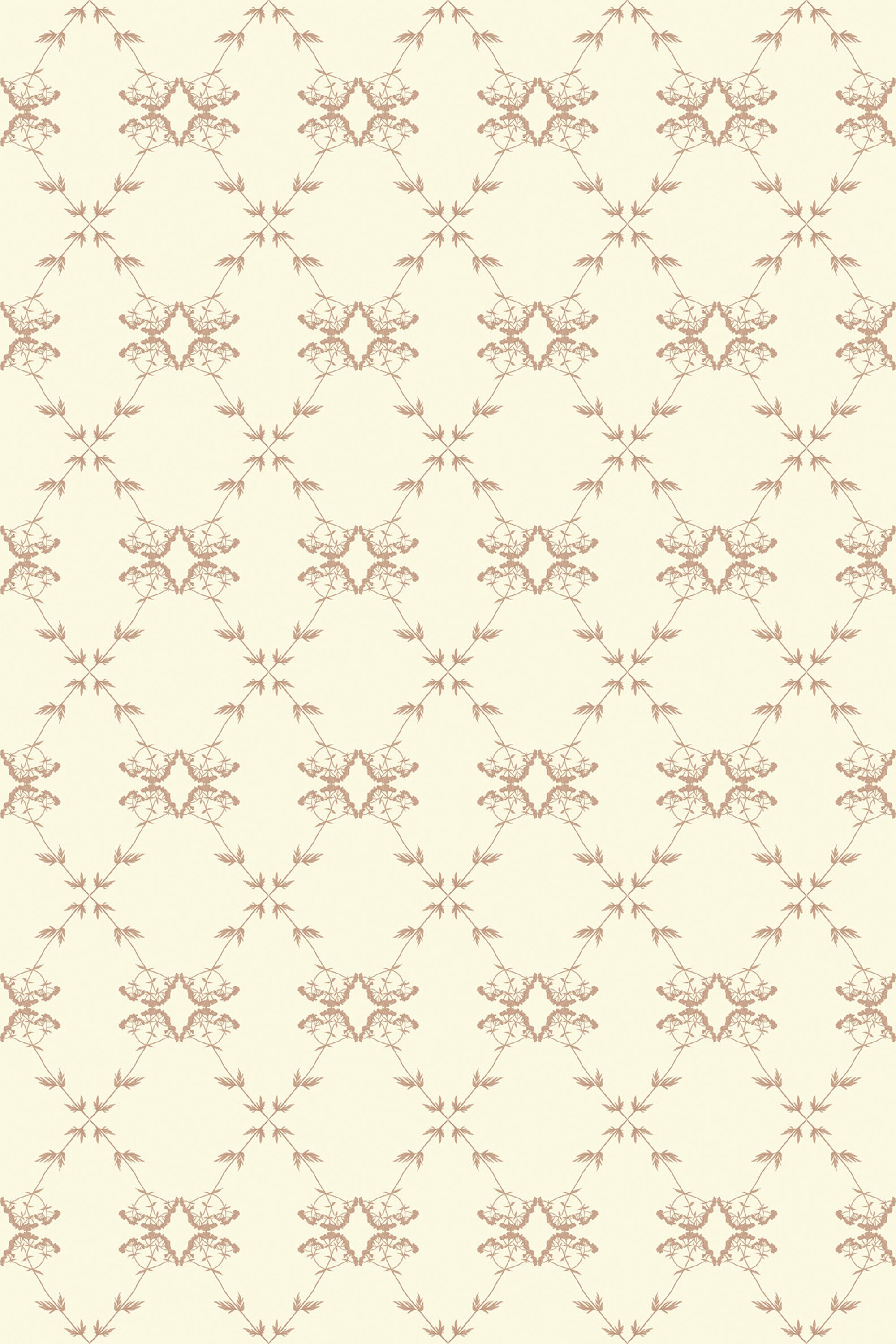Delicate floral motifs arranged in a sophisticated lattice pattern with intertwining branches on a soft cream background, Valeriana pattern peel and stick removable wallpaper.