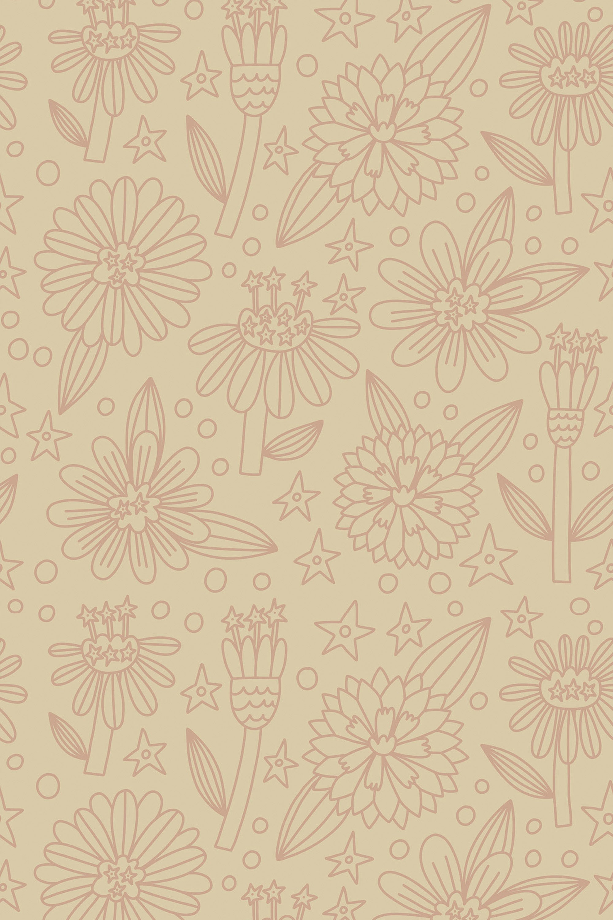 A repeated pattern of hand-drawn, intricate flowers and stars in soft shades of pink on a beige background, creating a vintage aesthetic. Peel and stick removable wallpaper.