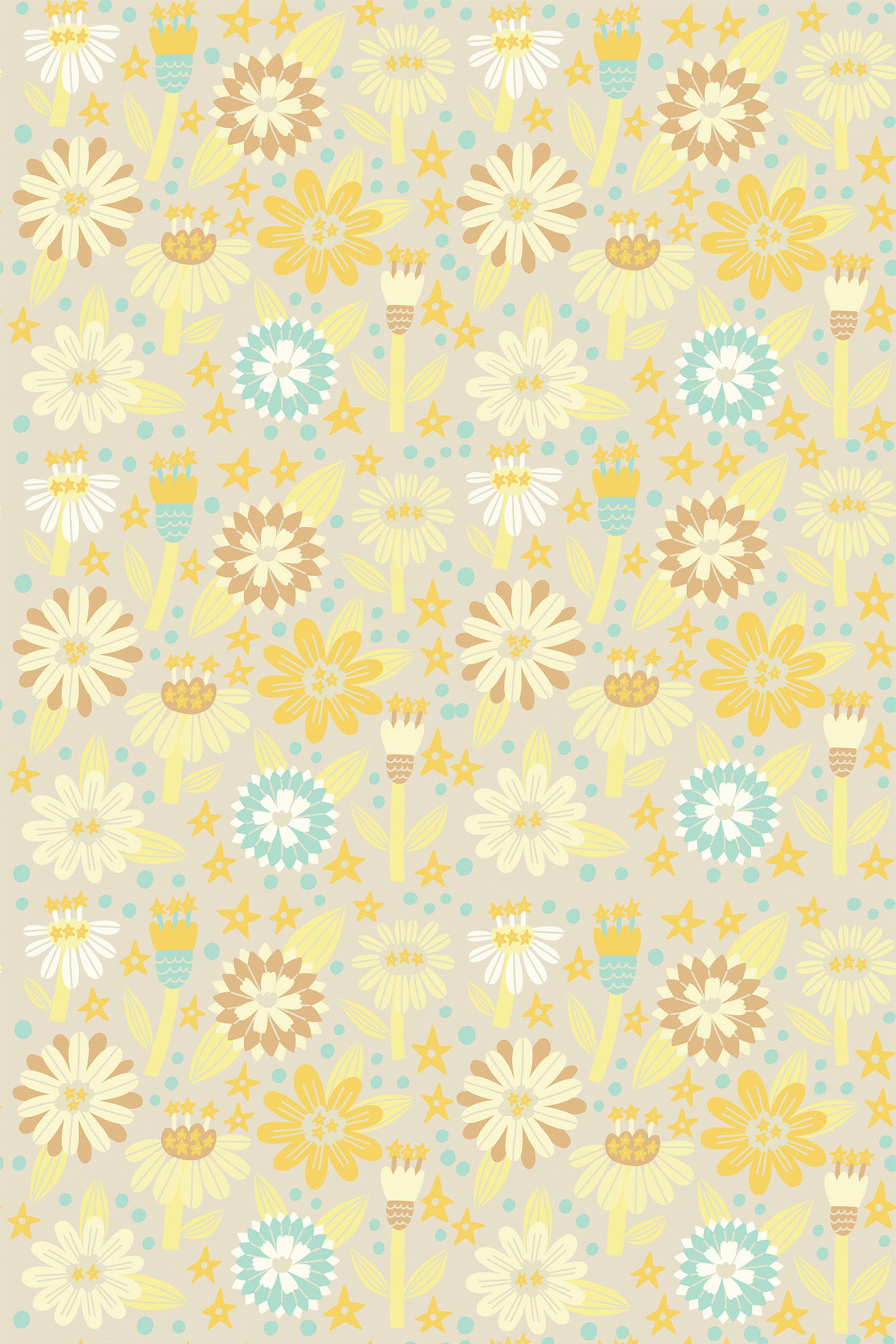 A repeating pattern of stylized, retro-inspired flowers in shades of yellow, white, and teal with subtle dotted accents on a light beige background, creating a vintage Scandinavian feel. Peel and stick removable wallpaper.