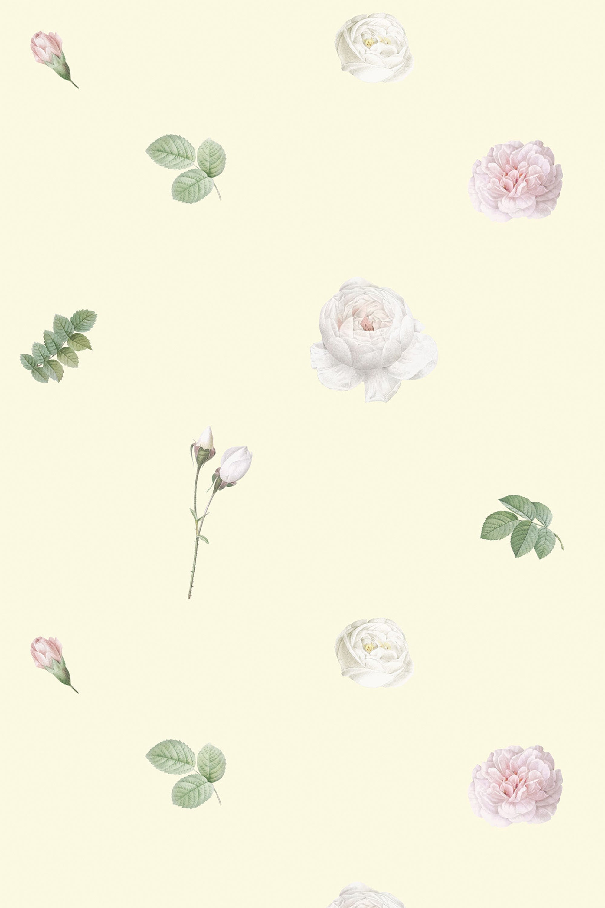 Watercolor floral design of delicate pink, white, and cream blossoms scattered across a light beige background with subtle green leaves, peel and stick removable wallpaper.