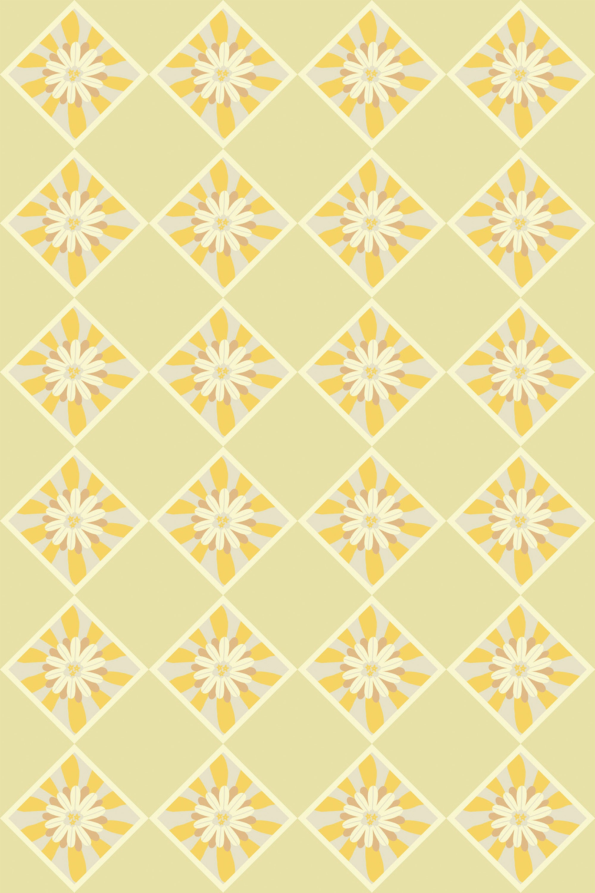 Yellow and white sunflower pattern in a diamond grid, set against a pale yellow background, creating a bright and cheerful repeating design. Peel and stick removable wallpaper.