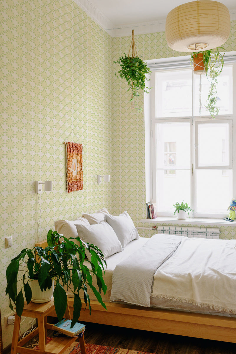 stick and peel wallpaper flower circles pattern bedroom boho wall decor green plants