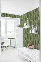 removable wallpaper green bold trees pattern kids room desk bed bookshelf toys
