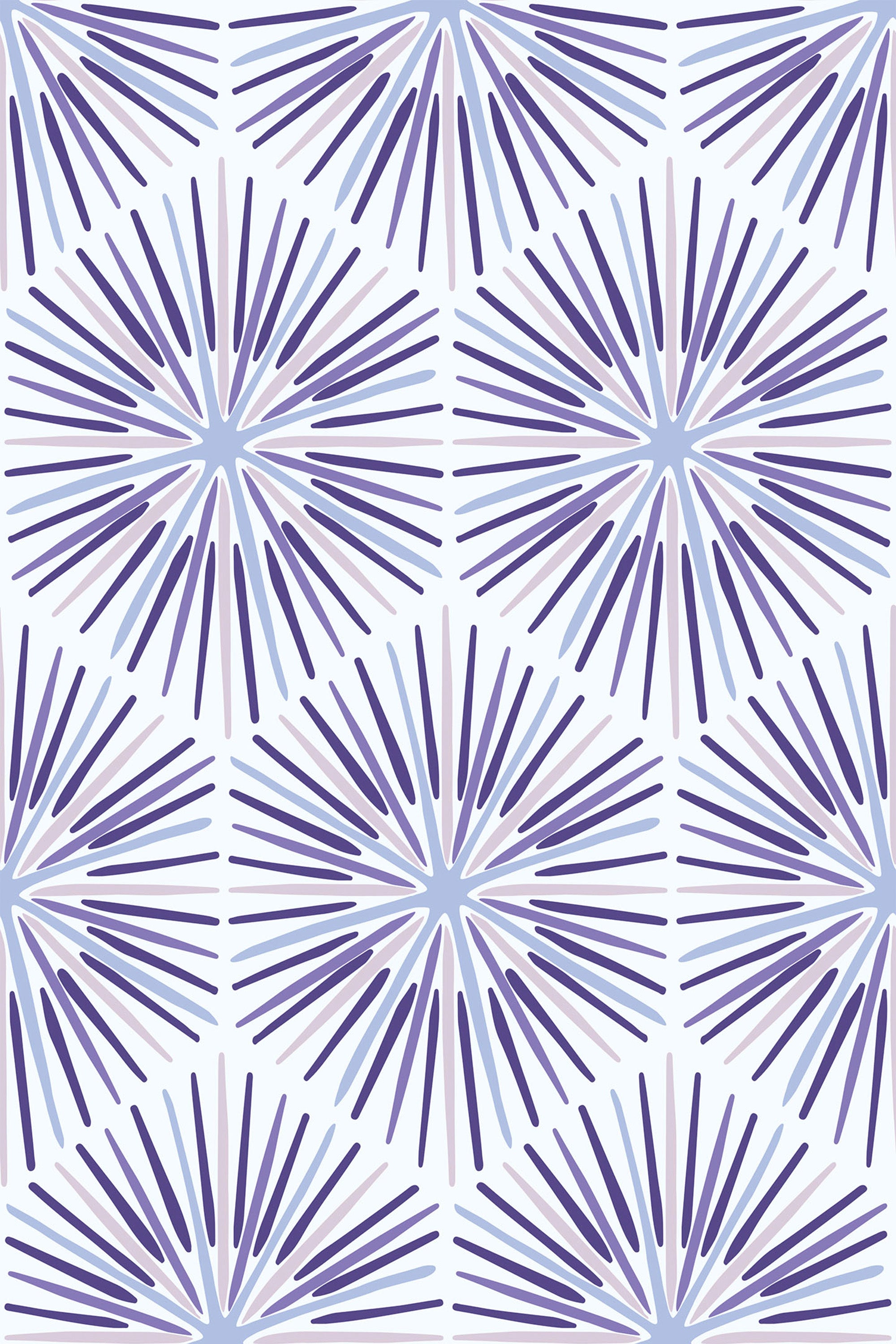 A repeating pattern of geometric starburst shapes in varying shades of purple and light blue, creating a dynamic and modern look against a light background. Peel and stick removable wallpaper.