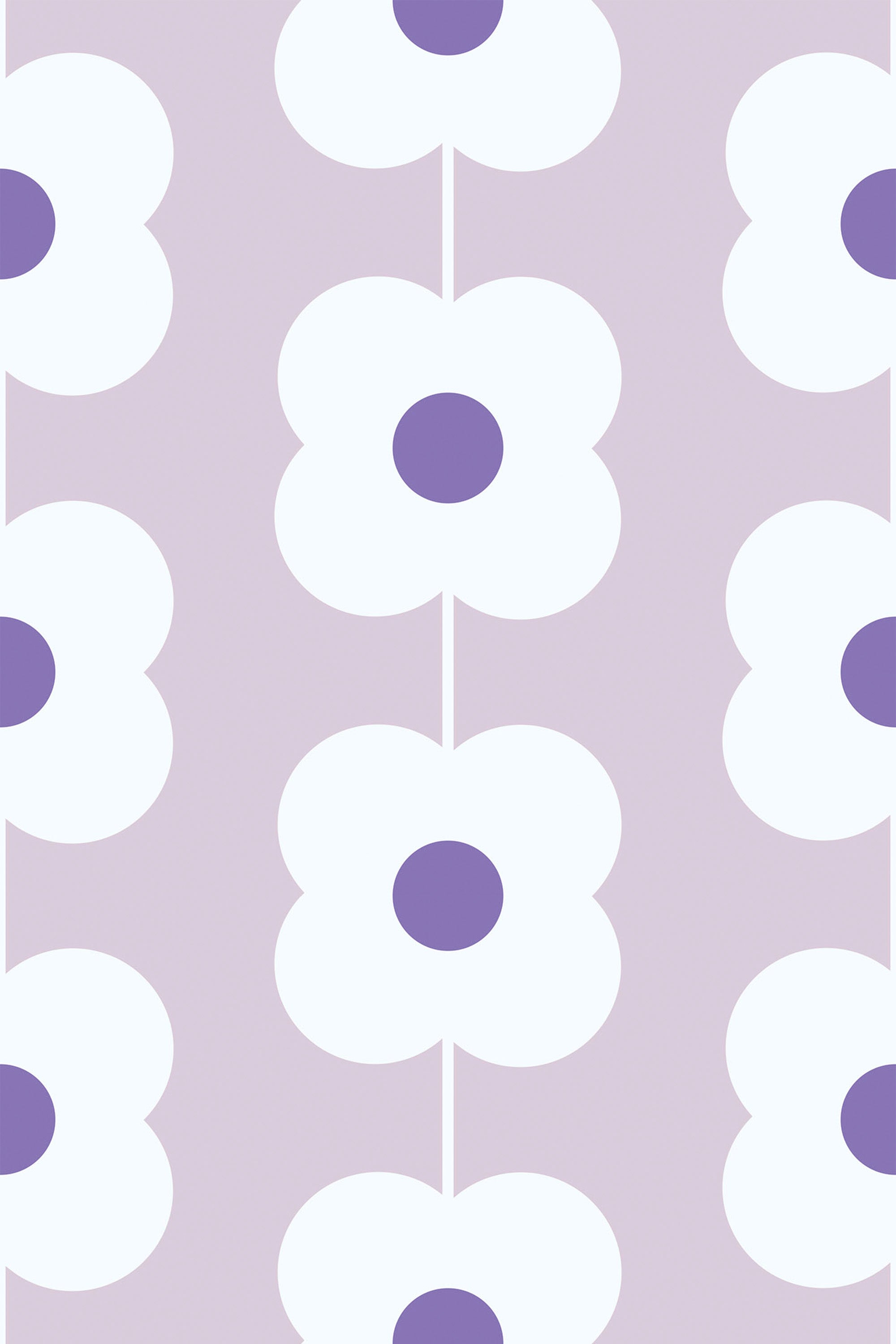 The wallpaper shows a repeating pattern of simple, stylized white flowers with purple centers set against a light purple background. The flowers are arranged in vertical rows, creating a retro floral pattern. Peel and stick removable wallpaper.