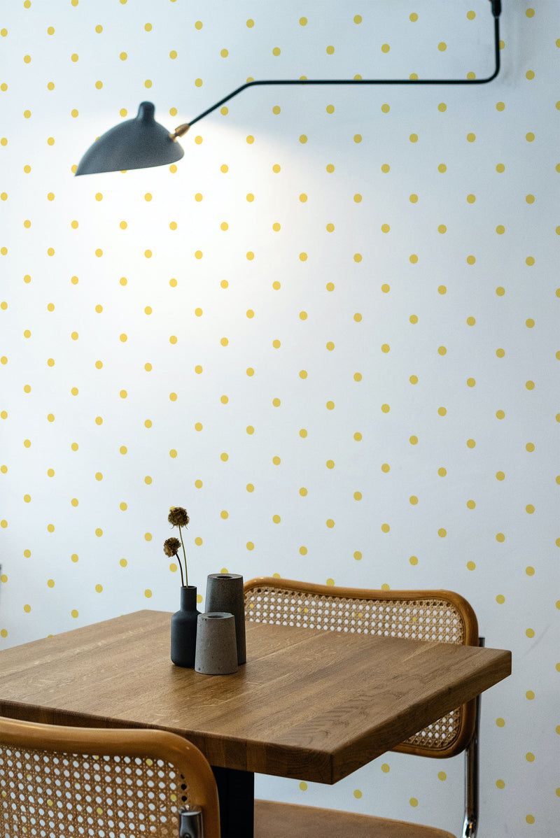 wooden dining table rattan chairs yellow polka dots peel and stick wallpaper