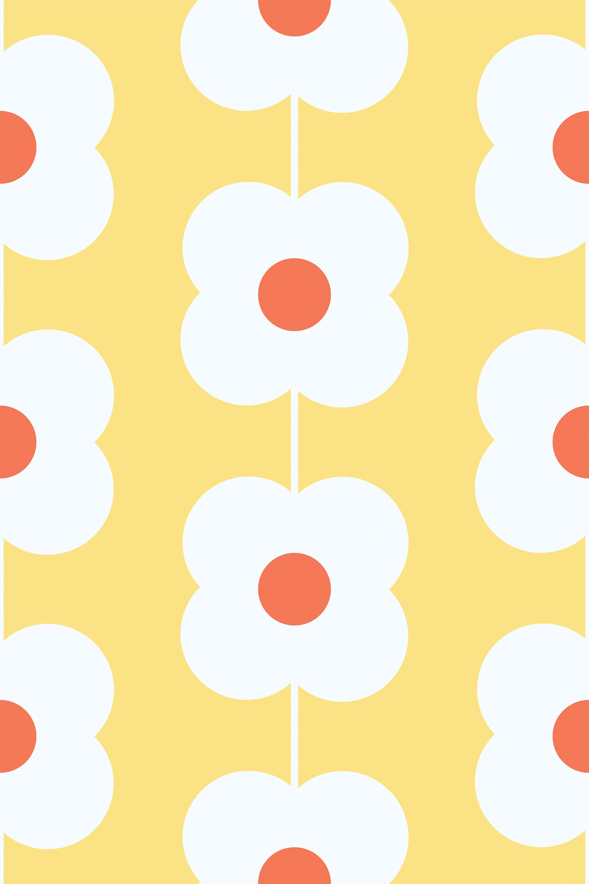 Yellow background with white stylized flowers in a vertical arrangement. Each flower has four rounded petals and a bright orange center. The repeating pattern creates a bold, retro aesthetic. Peel and stick removable wallpaper.