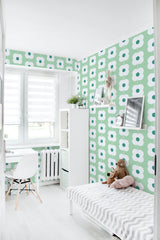 removable wallpaper green retro floral line pattern kids room desk bed bookshelf toys
