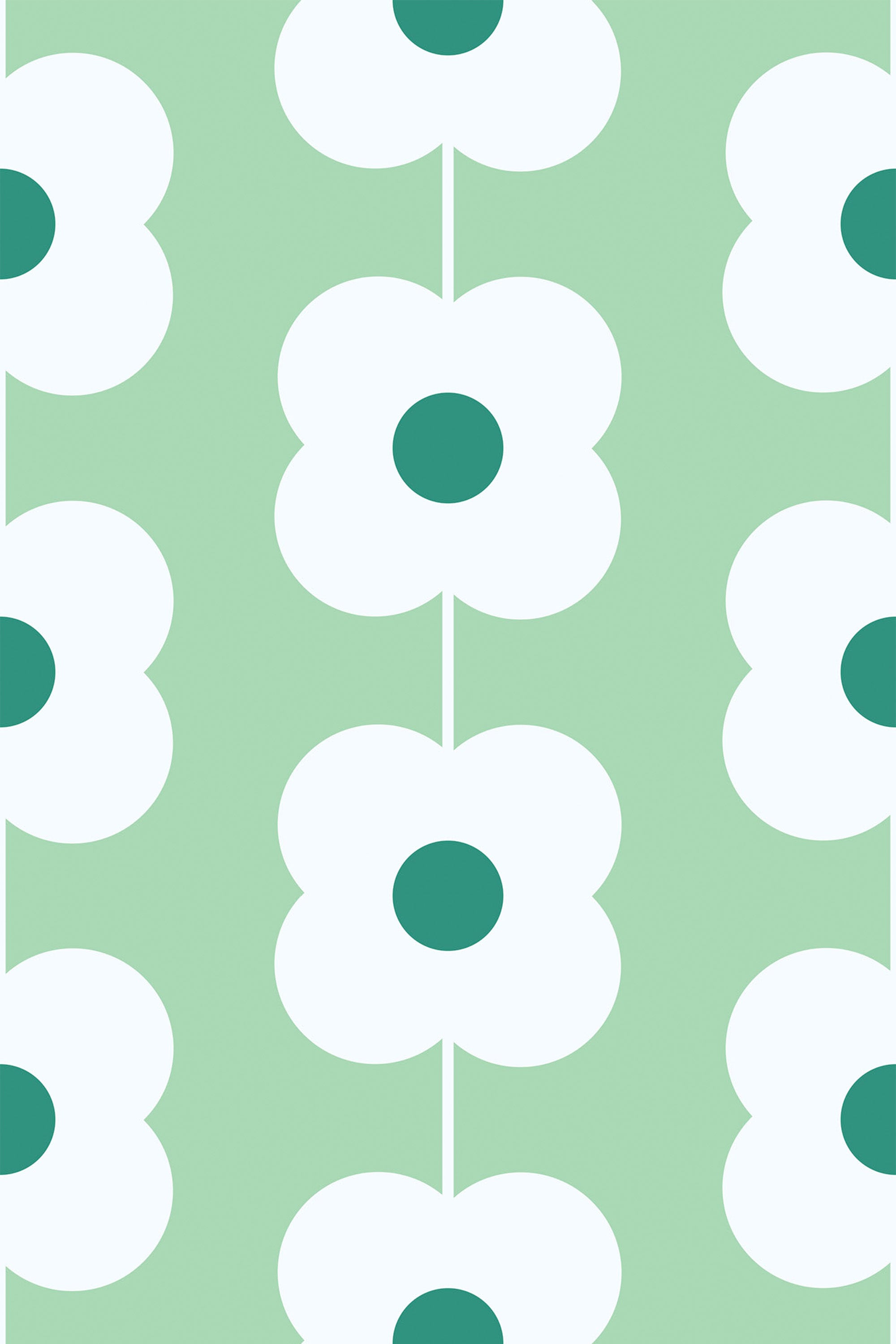 A repeating pattern of large, white flowers with green centers on a light green background. Simple, retro-style lines connect the flowers vertically, giving a clean and symmetrical look. Peel and stick removable wallpaper.