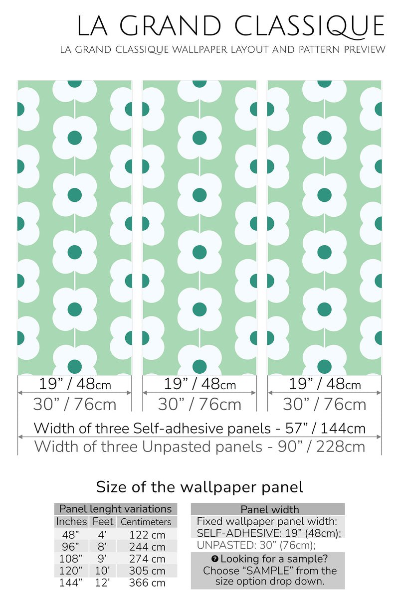 green retro floral line peel and stick wallpaper specifiation