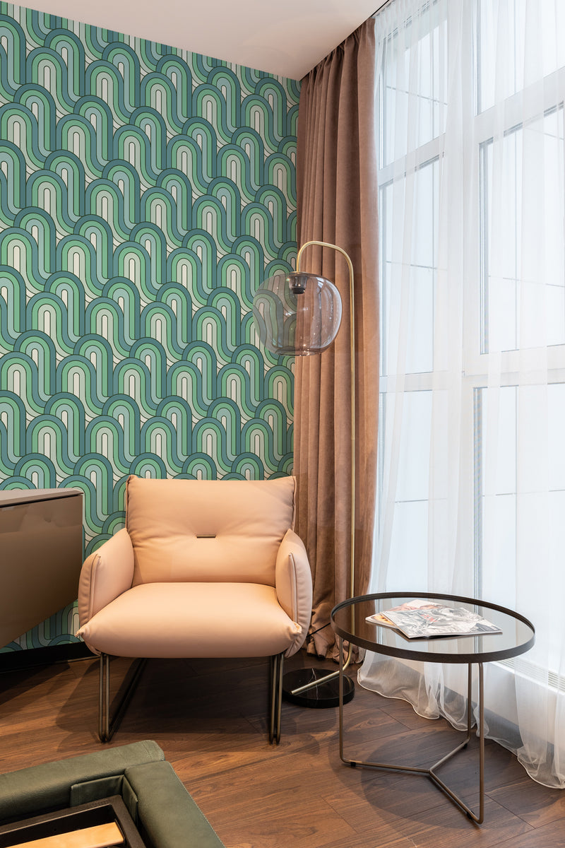 wallpaper stick and peel green retro wave pattern modern armchair lamp table reading area