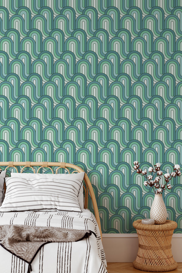 cozy bedroom interior rattan furniture decor green retro wave accent wall