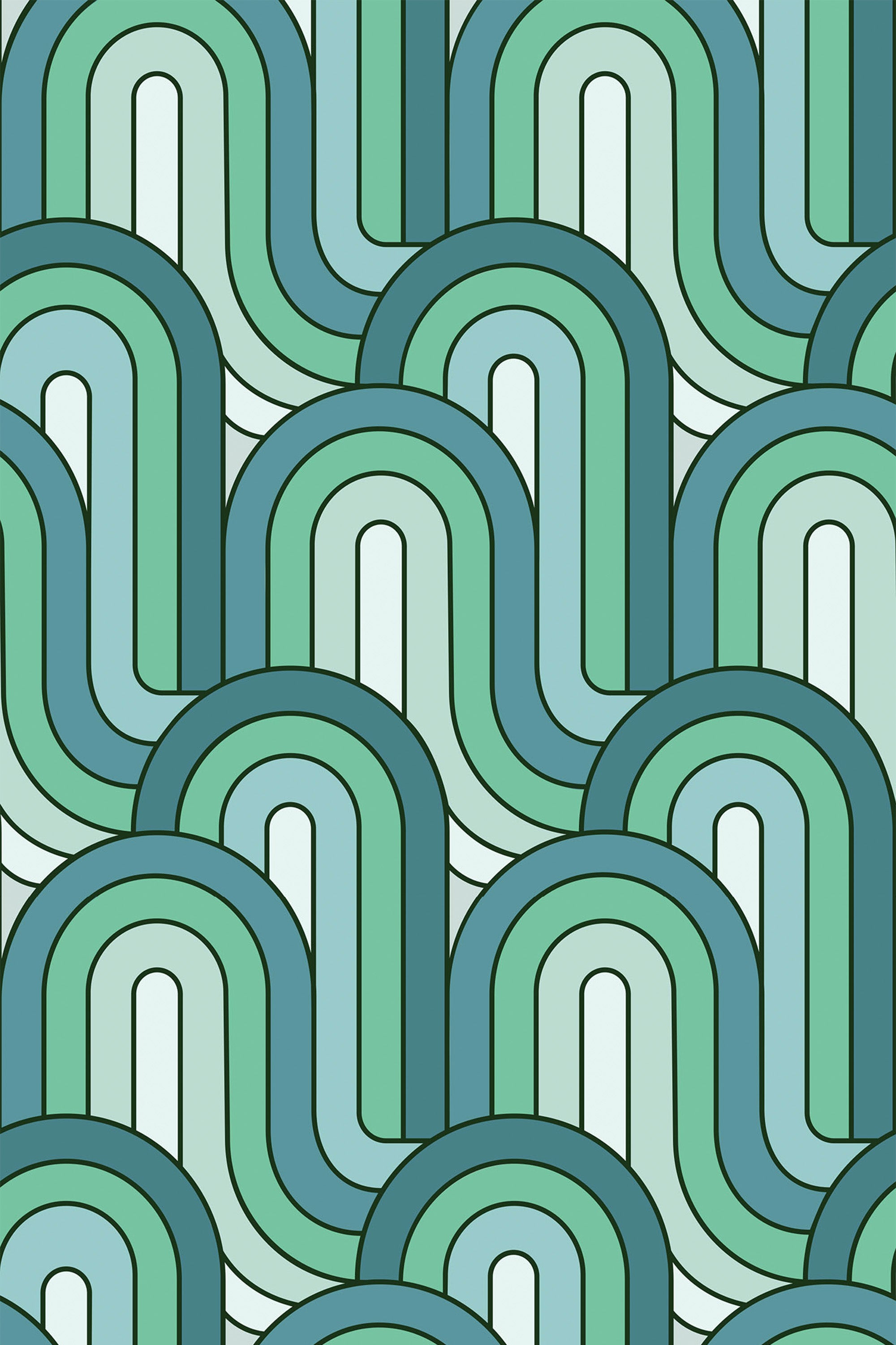 A repeating pattern of retro waves in various shades of green, teal, and blue, forming a smooth and geometric design. Peel and stick removable wallpaper.