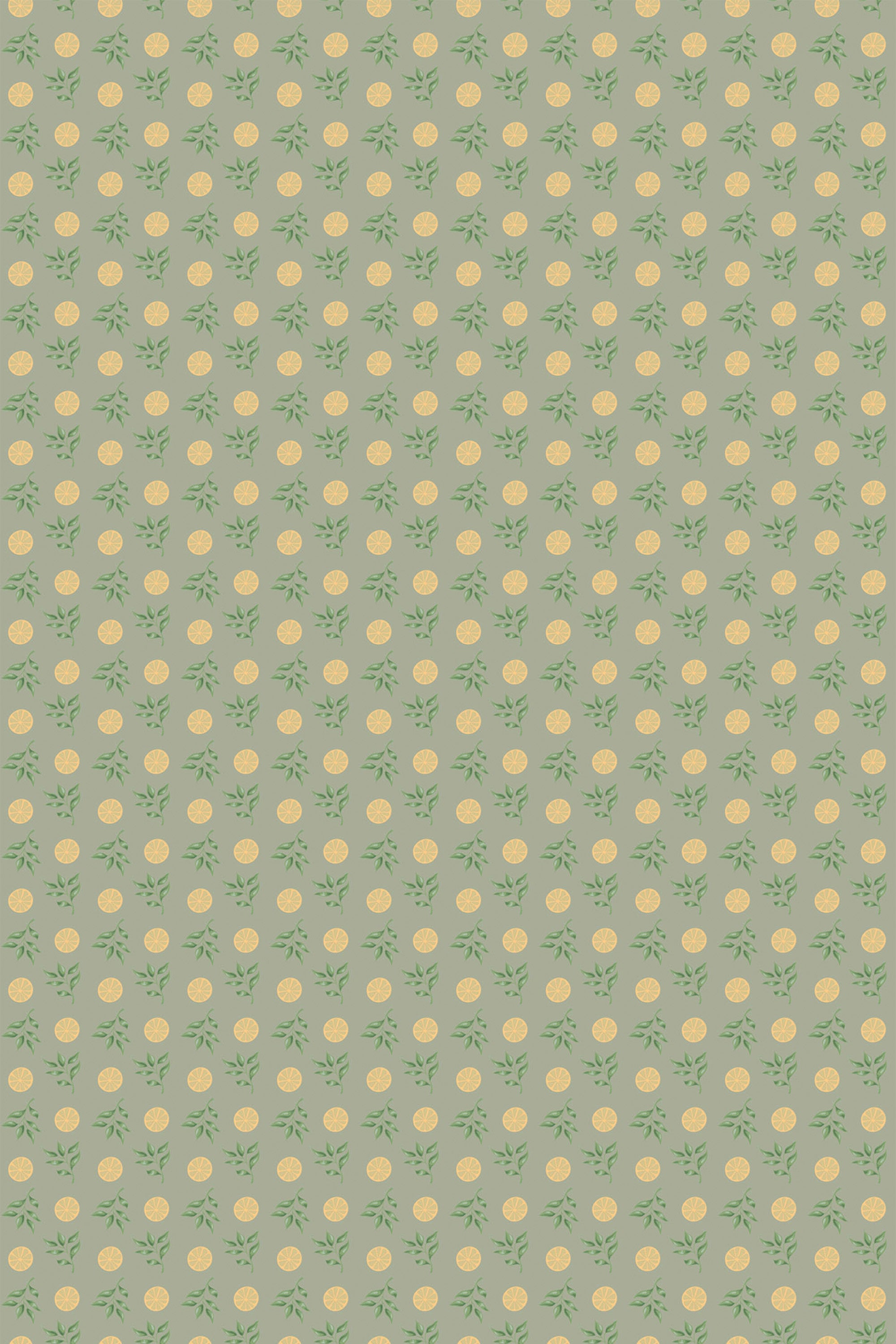 A wallpaper pattern with small, illustrated clementine oranges surrounded by green leaves on a muted green background, arranged in a grid-like, repeating formation. Peel and stick removable wallpaper.