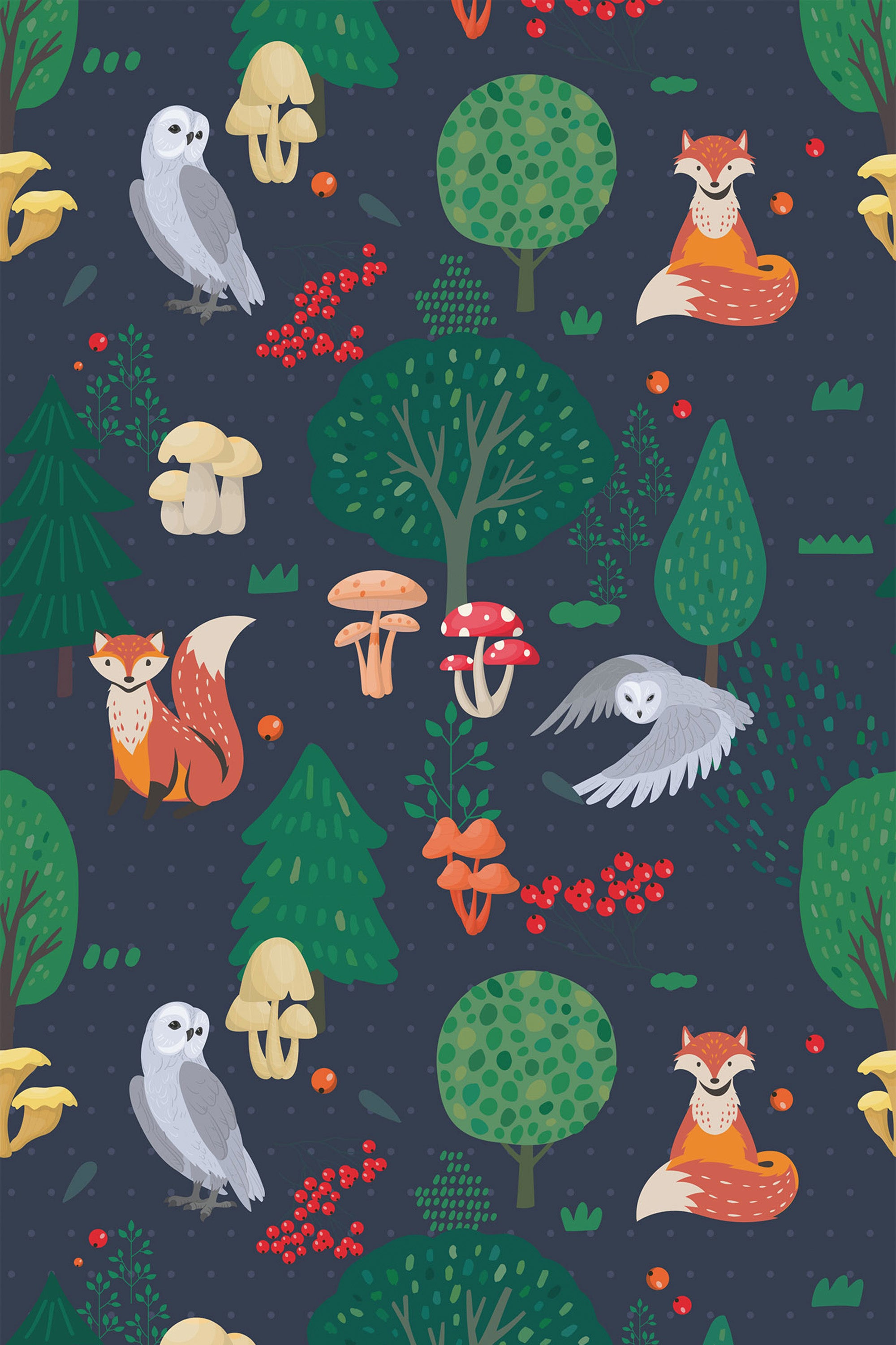Whimsical woodland creatures like foxes and owls among vibrant trees, mushrooms, and clusters of red berries on a dark background, creating an enchanting forest scene. Peel and stick removable wallpaper.