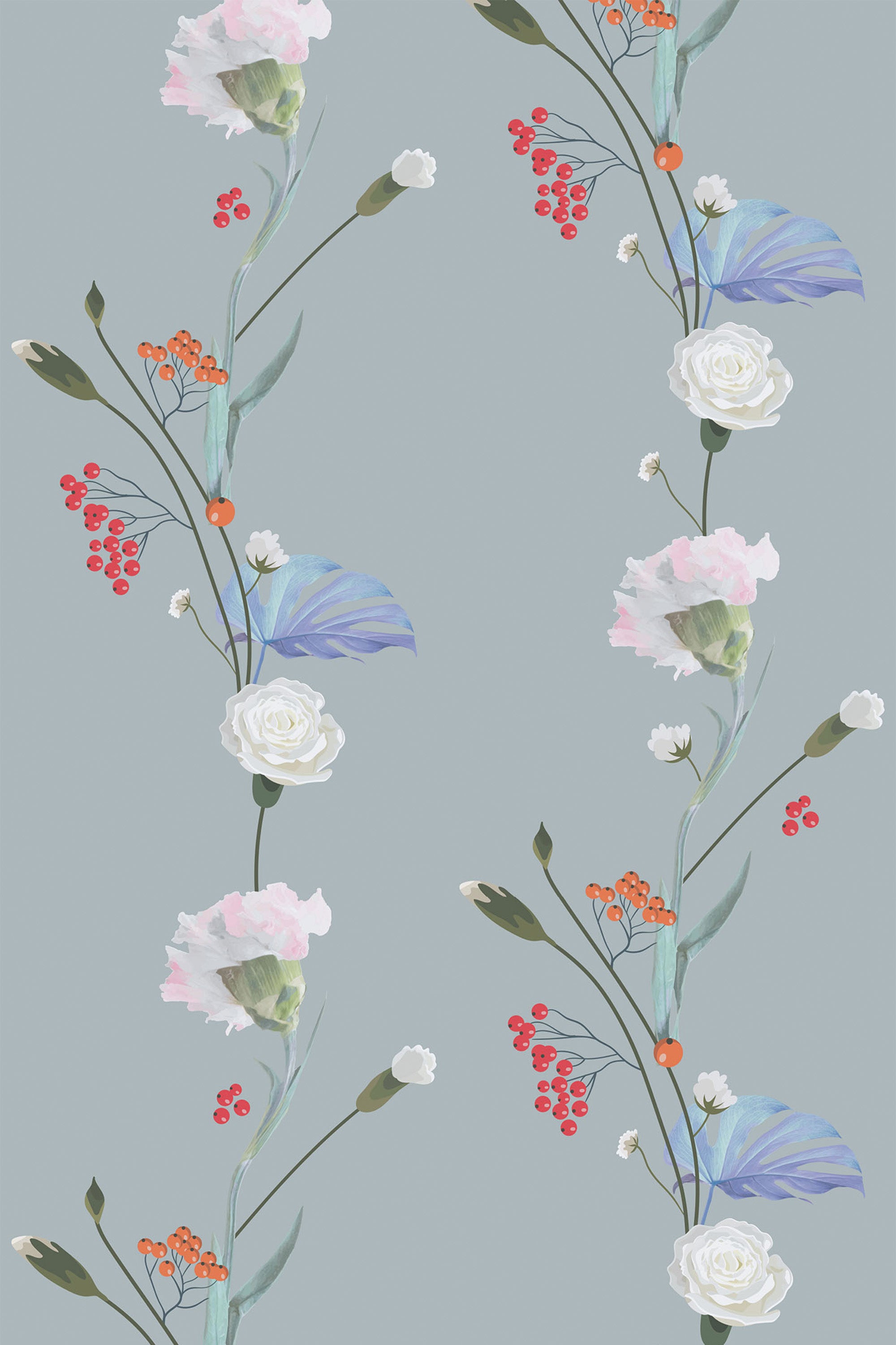 Floral wallpaper design with white roses, pink blossoms, and delicate red berries intertwined with green and blue leaves on a soft teal background, peel and stick removable wallpaper.