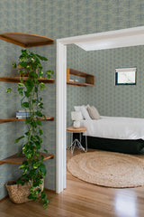 bedroom cozy interior green plants round carpet geometric floral art deco peel & stick wallpaper