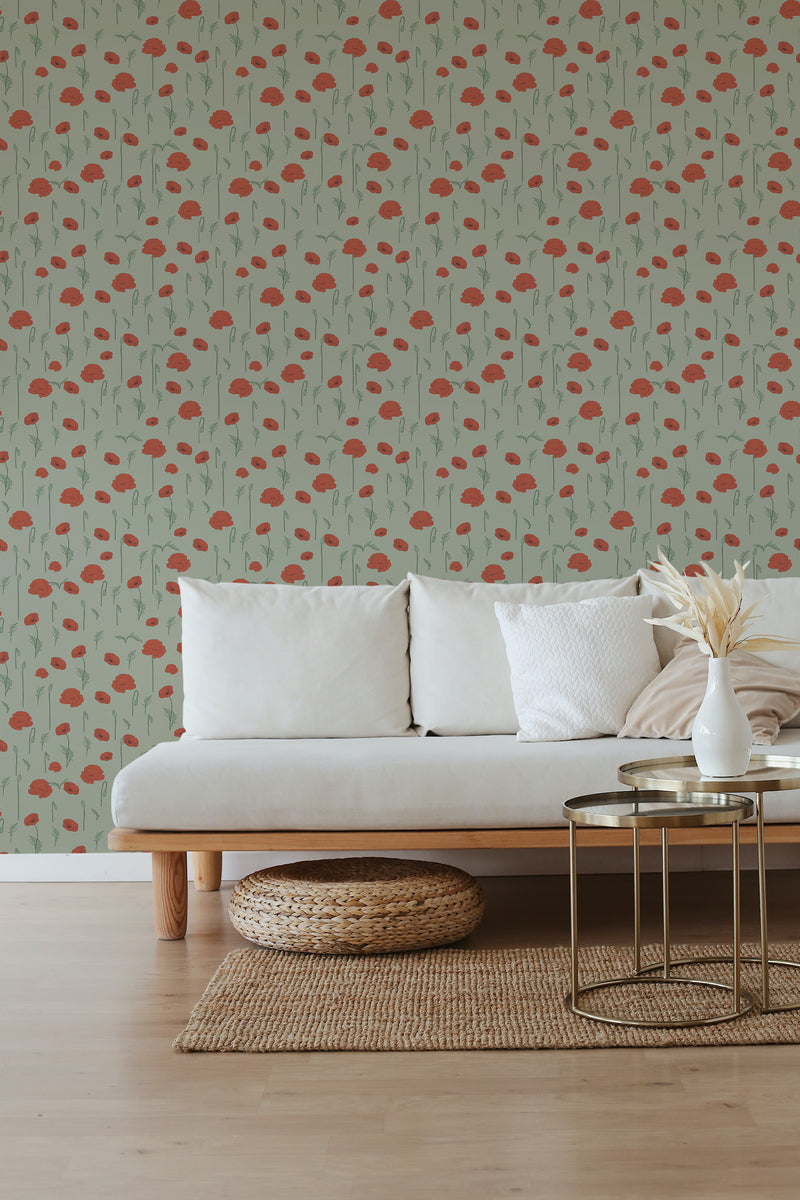 self stick wallpaper poppy meadow pattern living room elegant sofa coffee table