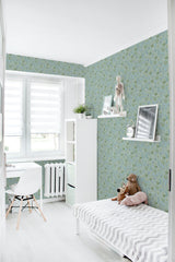 removable wallpaper blue floral meadow pattern kids room desk bed bookshelf toys
