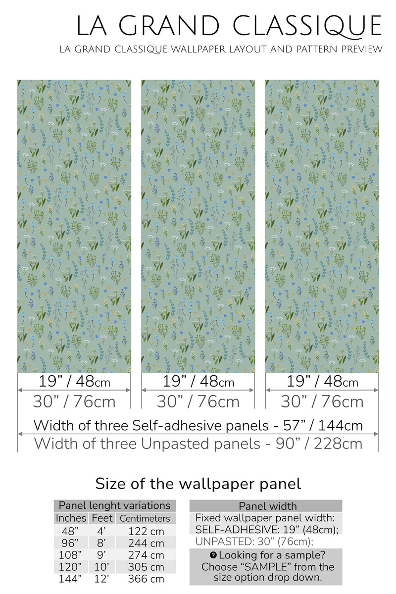 blue floral meadow peel and stick wallpaper specifiation