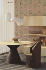living room dining table wooden furniture light rose vine wall paper peel and stick