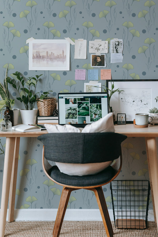 modern home office desk plants posters computer vintage ginkgo stick on wallpaper