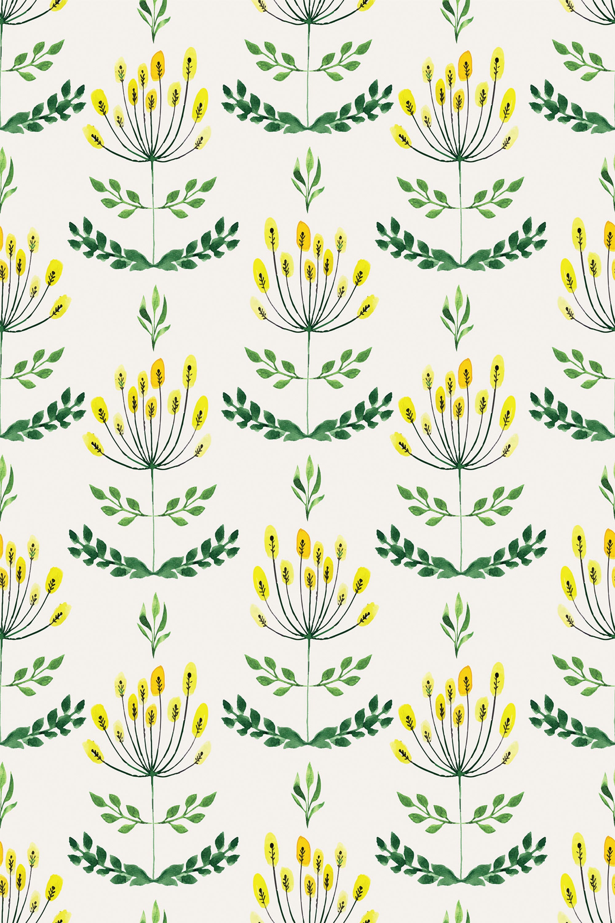 Yellow and black abstract sunflower-like patterns with green leaves in a repeating layout on a light background, peel and stick removable wallpaper.
