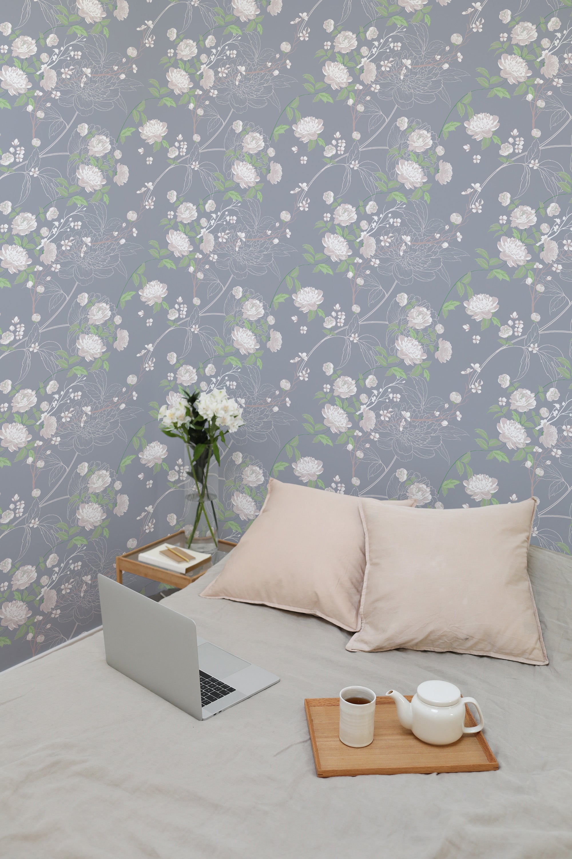 Self-adhesive wallpaper with a Peony tree design, featuring delicate white and pink peonies surrounded by green leaves on a light gray background, adding a soft and elegant touch to the room.