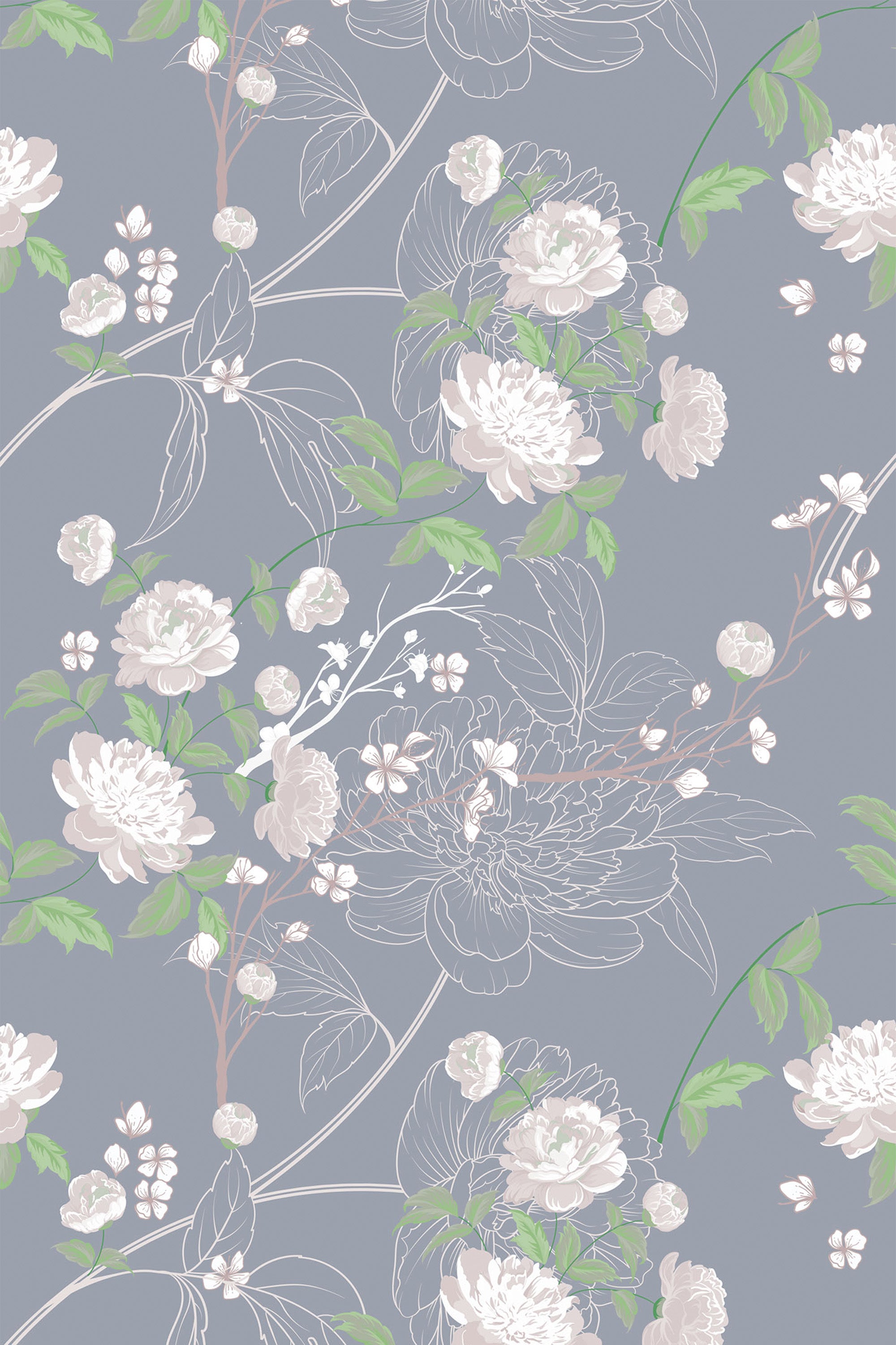 A grey background features white and light pink peony flowers intertwined with green leaves and delicate branches. The soft floral pattern creates a natural and calming effect. Peel and stick removable wallpaper.