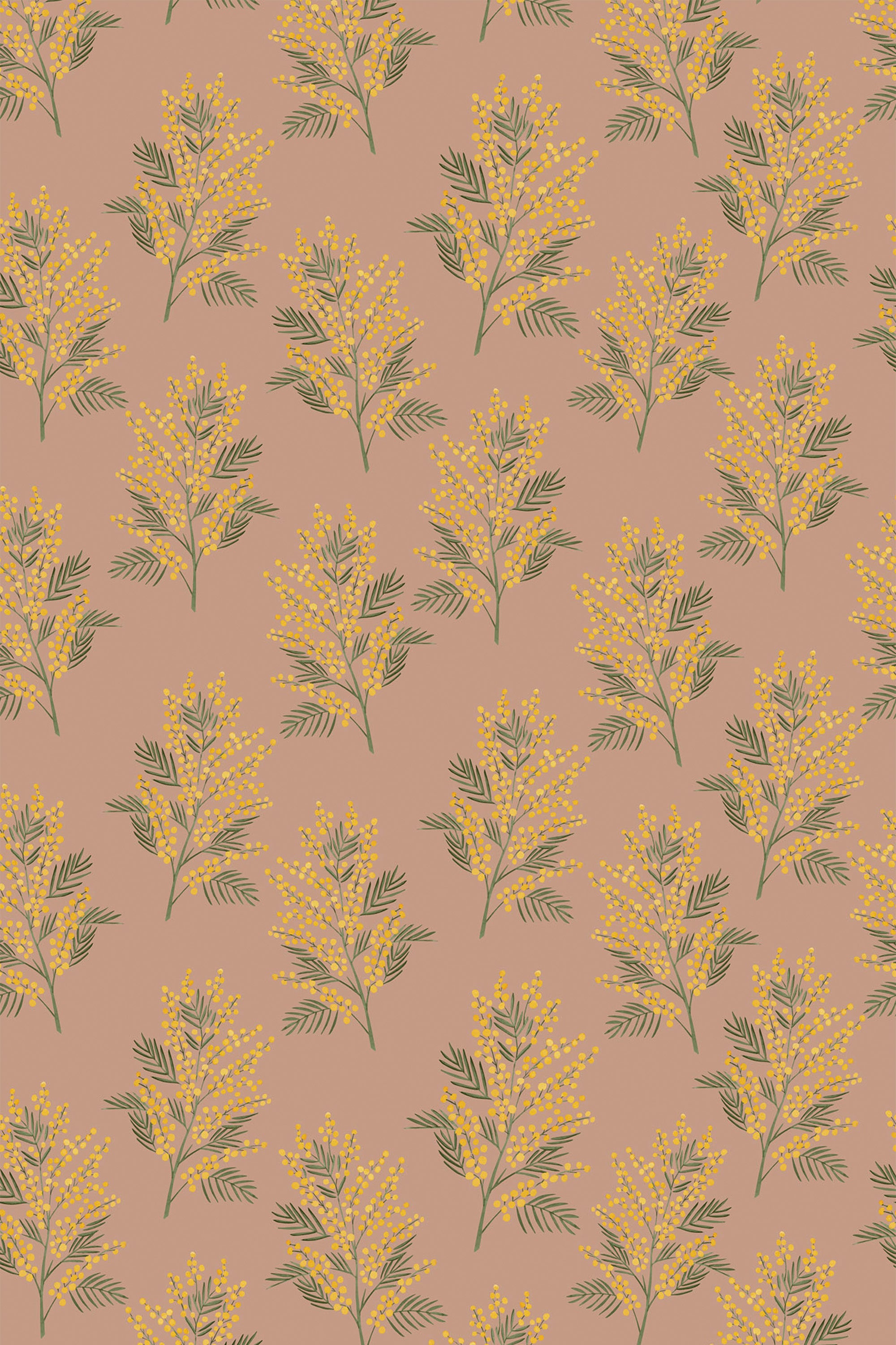 Autumn-inspired wallpaper with a pattern of yellow fall flowers on a peach background, peel and stick removable wallpaper.