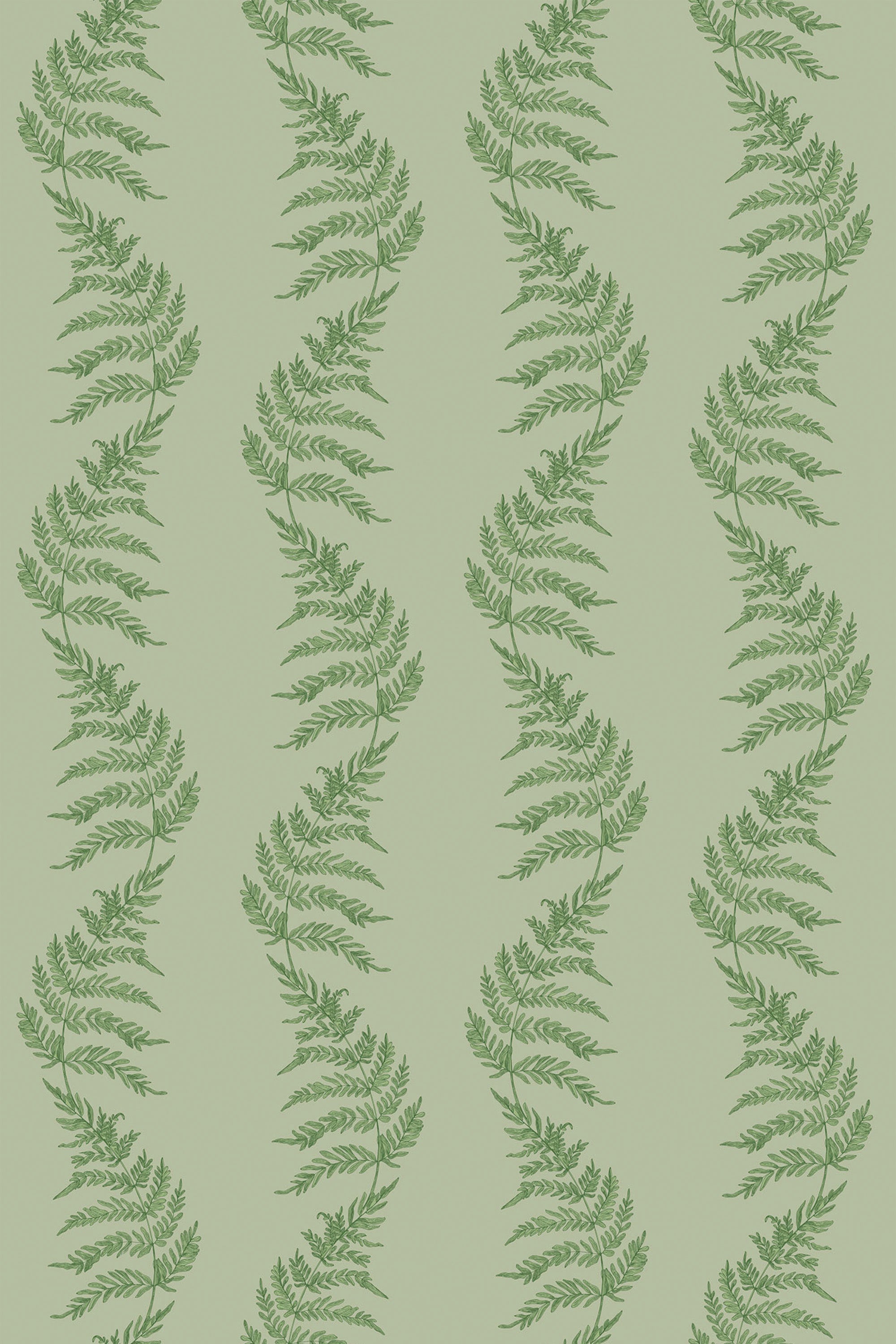 Green fern pattern forms vertical, wavy stripes on a light green background with intricate foliage detail in a repeating design, ideal for creating a nature-inspired look. Peel and stick removable wallpaper.