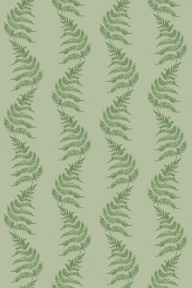 Green fern pattern forms vertical, wavy stripes on a light green background with intricate foliage detail in a repeating design, ideal for creating a nature-inspired look. Peel and stick removable wallpaper.