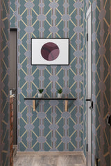 wallpaper purple blue tile pattern hallway entrance minimalist decor artwork interior