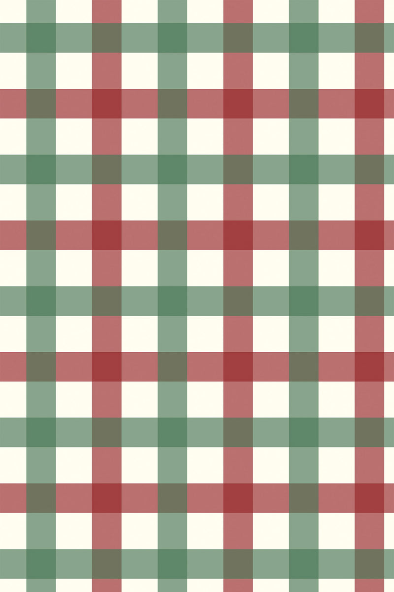 A pattern of vertical and horizontal stripes in autumn hues of green, red, and beige, forming a plaid design on peel and stick removable wallpaper.