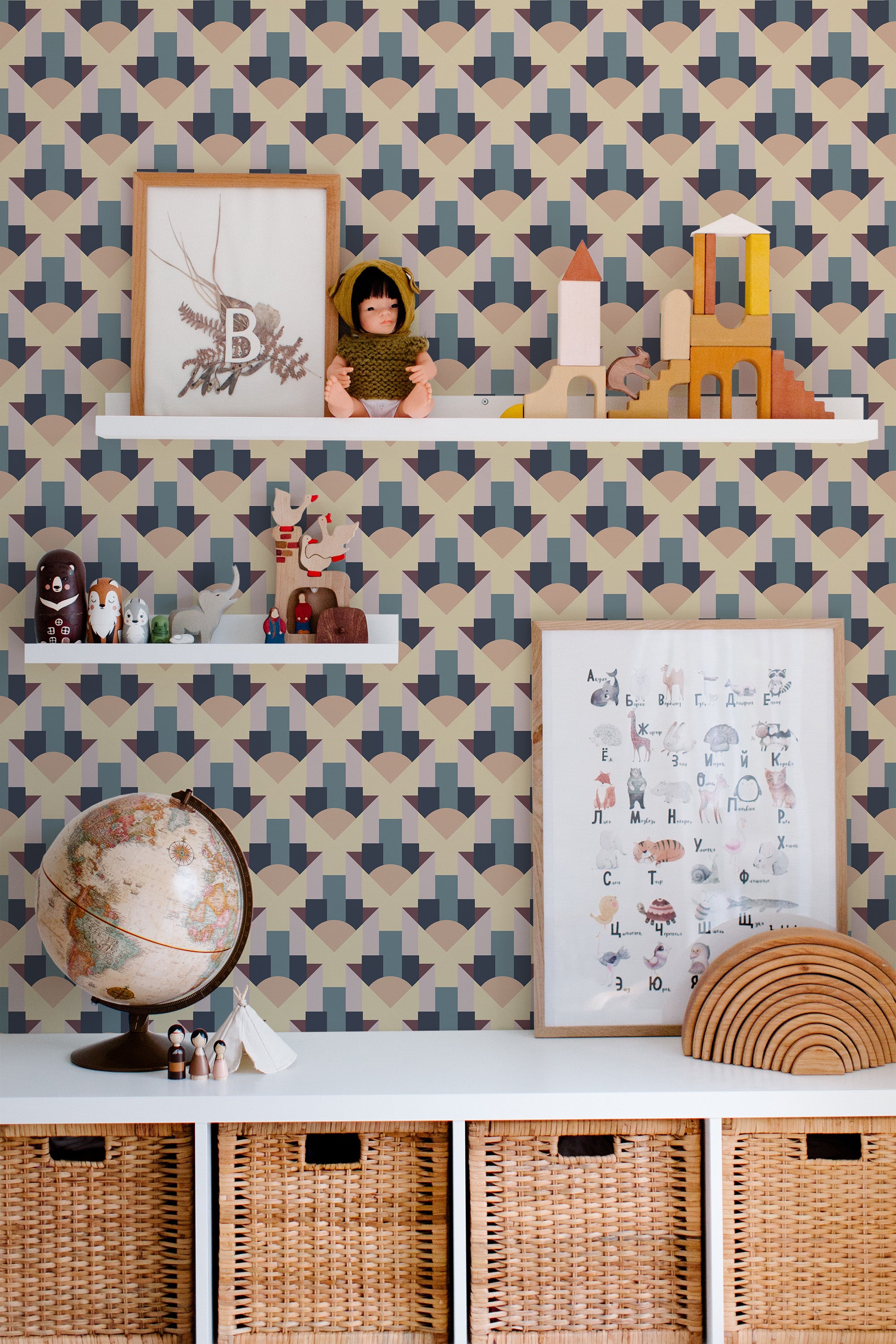 Self-adhesive wallpaper with a geometric pattern incorporating various shades of beige, tan, and teal, arranged in a repetitive, abstract design reminiscent of fall colors.