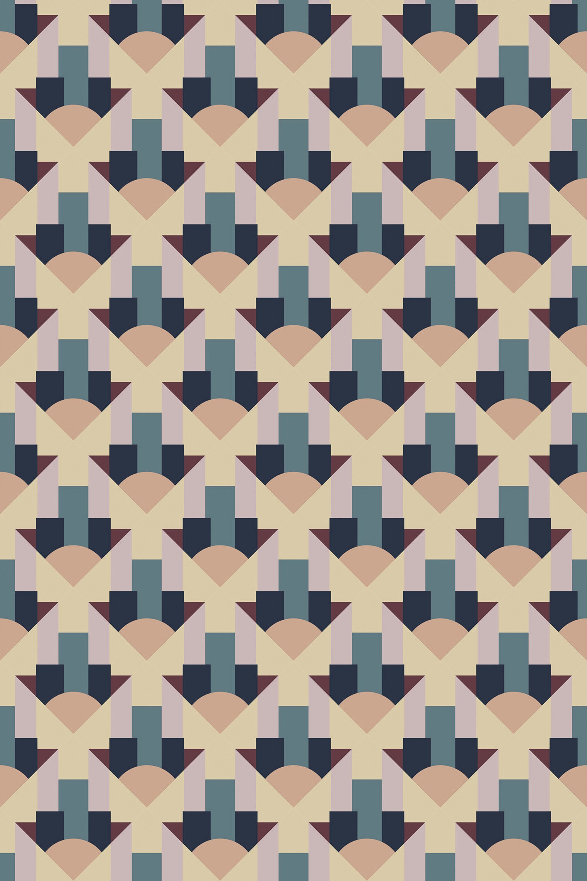 Geometric pattern with autumnal color scheme of tan, navy, and cream in a repeating diamond and triangular motif on peel and stick removable wallpaper.