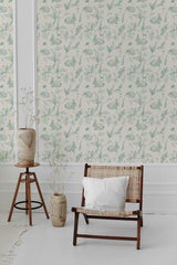 modern living room rattan chair decorative vase sage nursery forest pattern