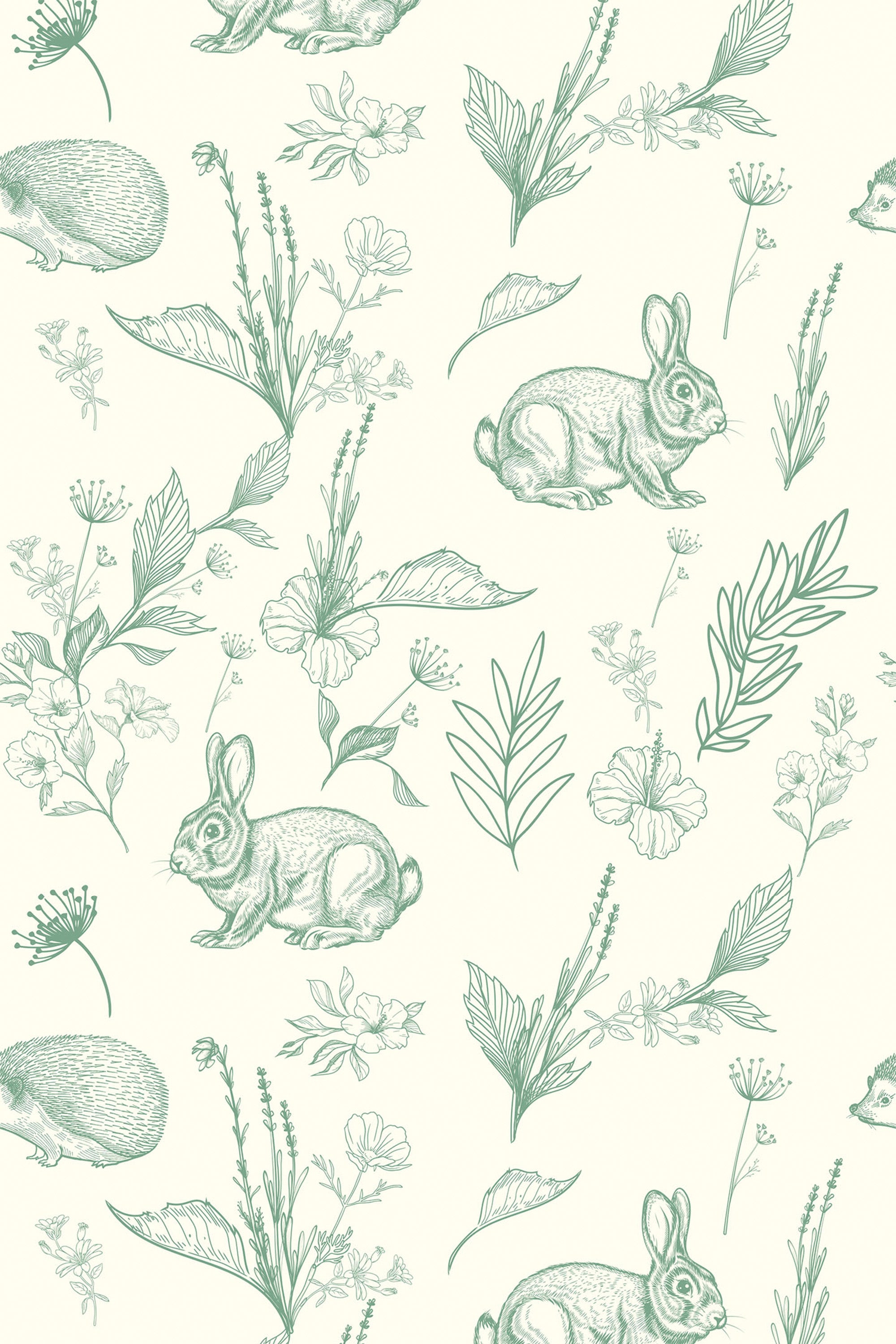 A serene sage green wallpaper with a repeating pattern of sketched forest elements including rabbits, leaves, and various plants, titled Sage nursery forest, designed for easy application as a peel and stick removable wallpaper.