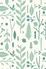 Simplistic pattern of green Scandinavian-style botanical motifs on a light background, including various leaves, branches, and berries, peel and stick removable wallpaper.