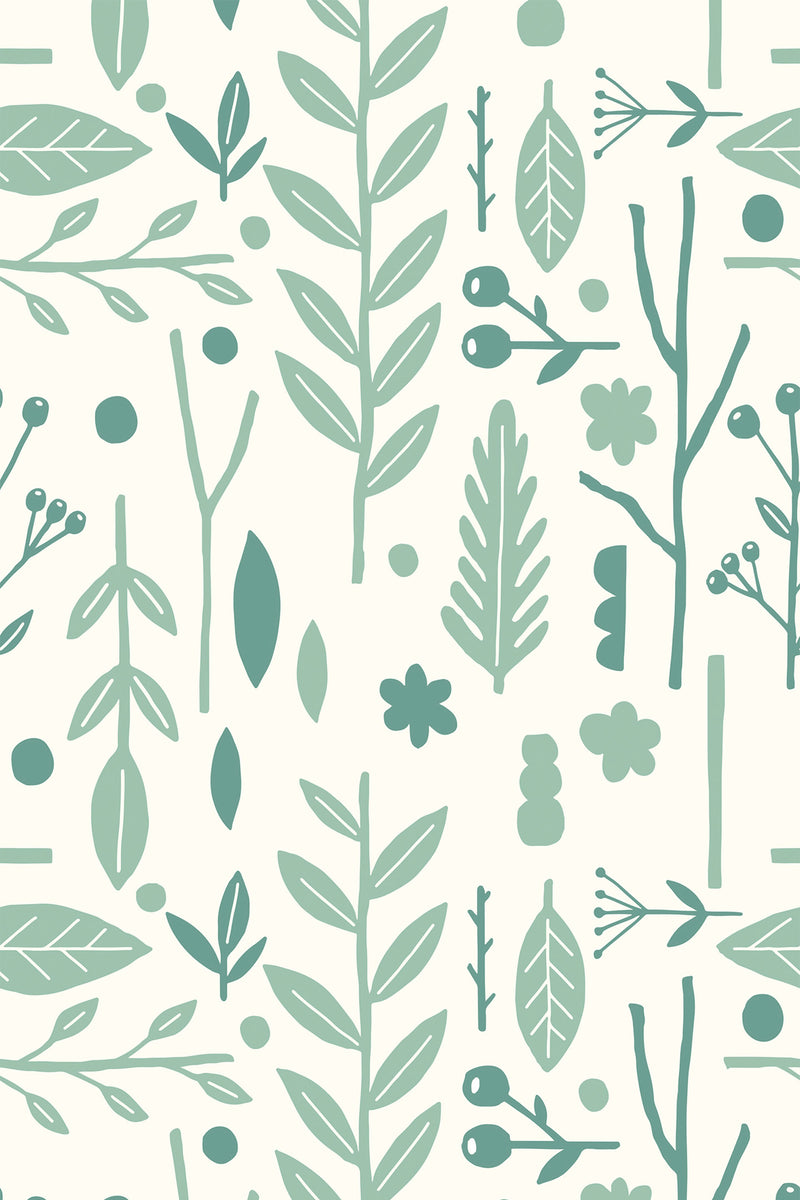 Simplistic pattern of green Scandinavian-style botanical motifs on a light background, including various leaves, branches, and berries, peel and stick removable wallpaper.