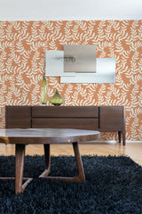 contemporary living room dark wood furniture neutral leaf bush peel and stick wallpaper