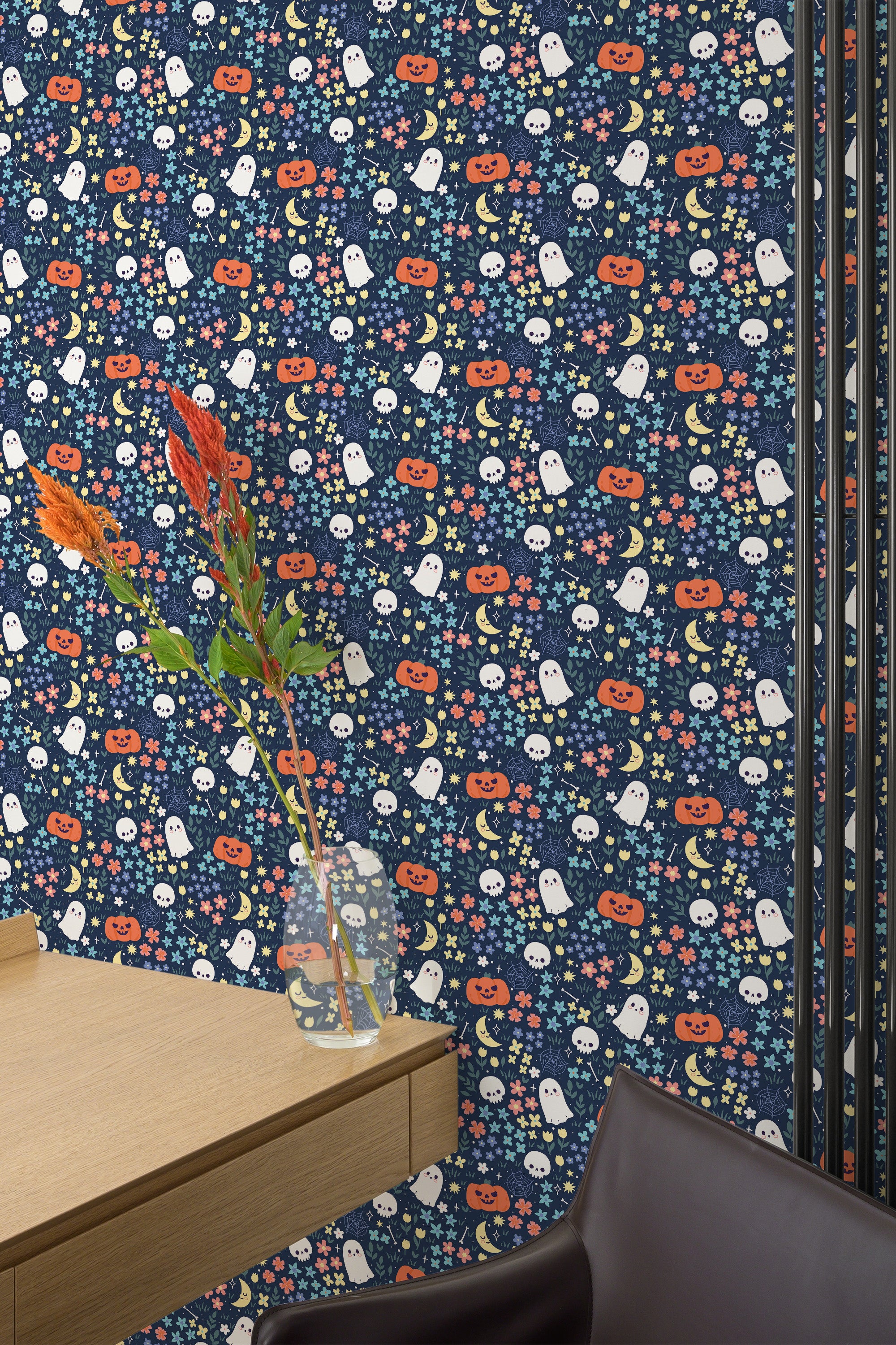 Self-adhesive wallpaper with a Cute Halloween pattern including smiling pumpkins, ghosts, stars, and moons on a dark blue background.