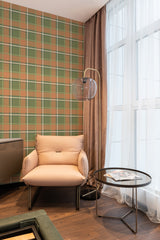 wallpaper stick and peel autumn farmhouse plaid pattern modern armchair lamp table reading area